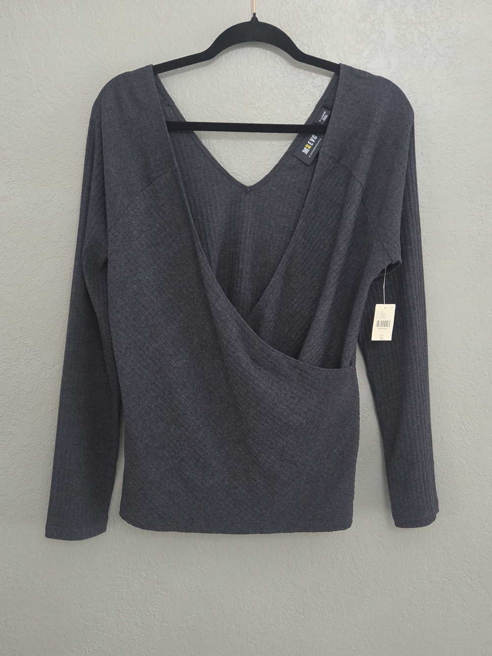 NWT Maeve by Anthropologie- Dark Charcoal Ribbed Wrap V-Neck Long Sleeve Top